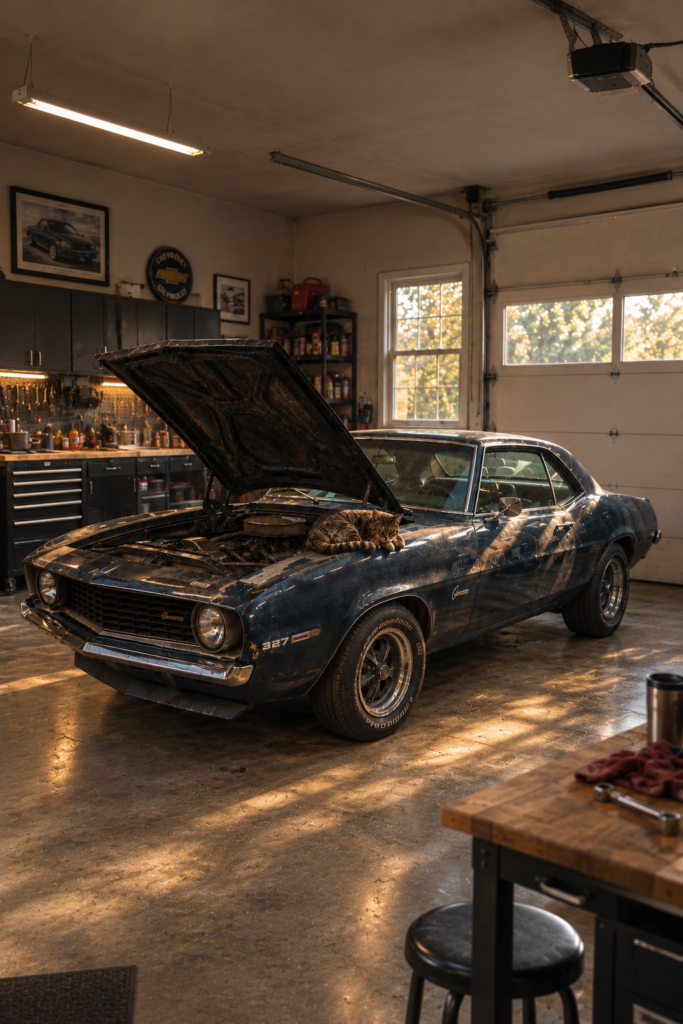 Classic car in a garage representing one of Spencer’s passions